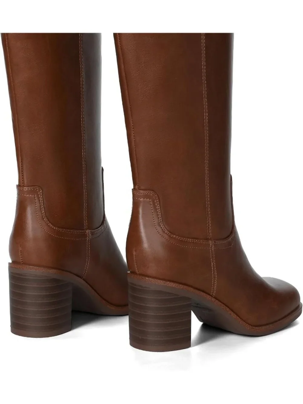 Women's Brown Chunky Block Heel Square Toe Faux Leather Long Knee High Boots
